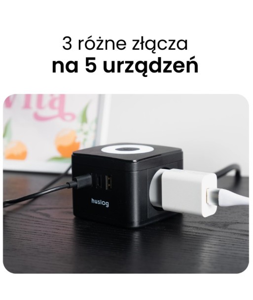 Przedłużacz kostka Huslog z gniazdami 230V i portami USB-C podświetlenie LED